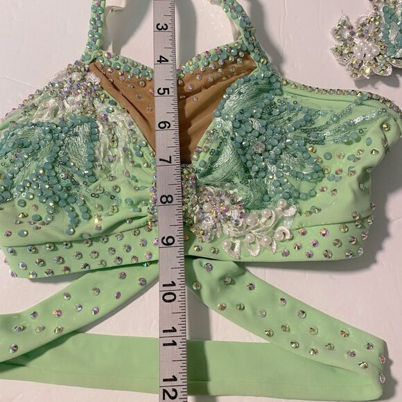 Solo custom dance costume leotard 2 piece mint green rhinestoned LC child - Picture 11 of 13